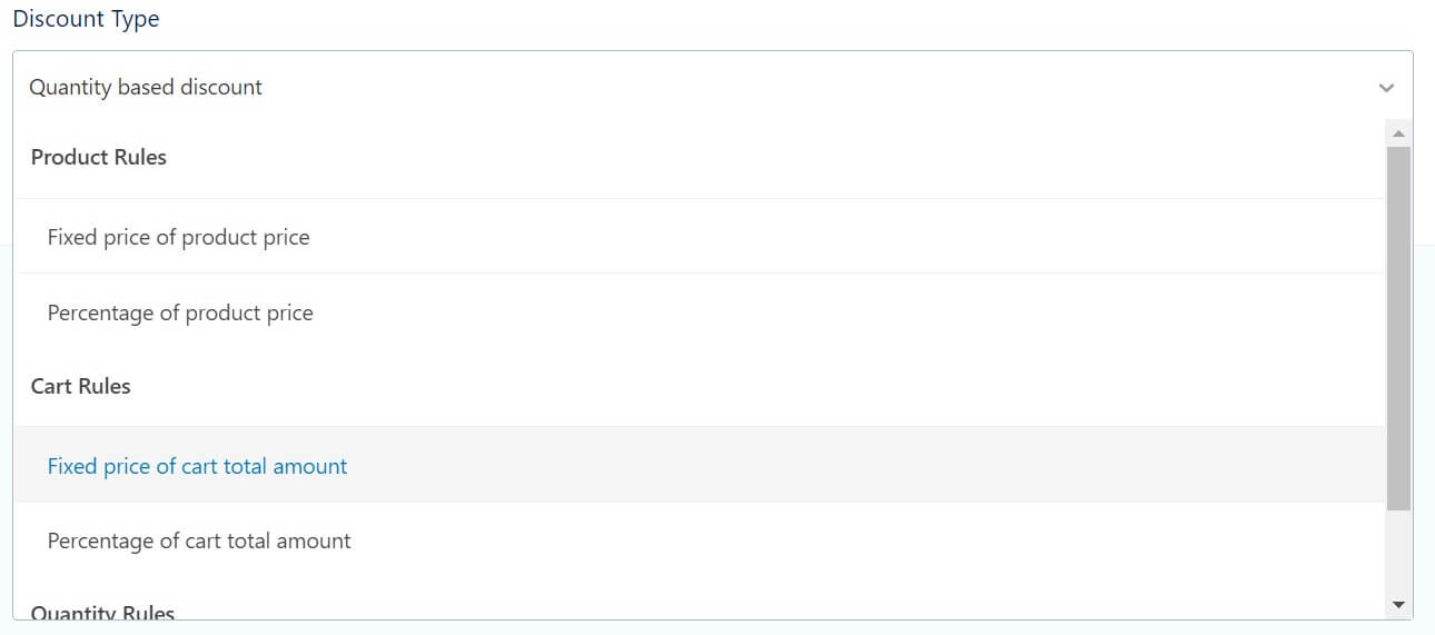 Elección de tipos de descuento de precio de WooCommerce.