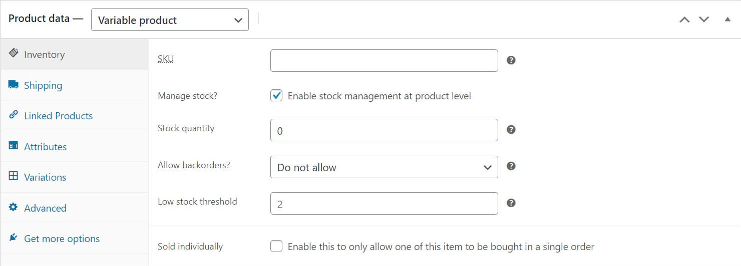 Gestión de inventario para el producto WooCommerce.