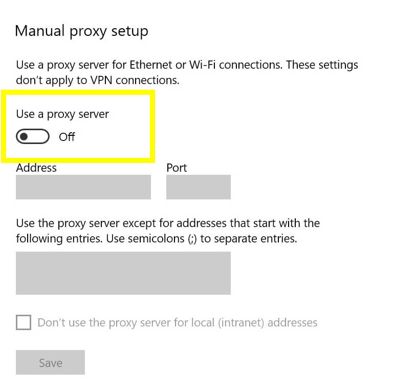 Configuración de proxy de Windows 10.