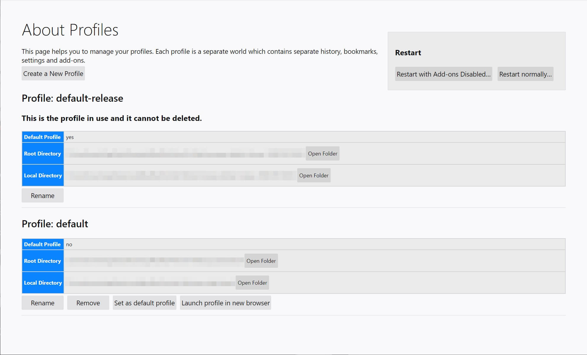 Página de perfiles de Firefox.