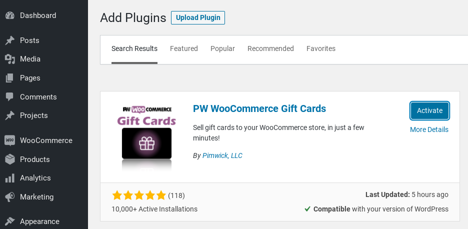 Pantalla de instalación del complemento PW WooCommerce Gift Cards.