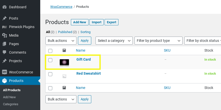 Un producto en forma de tarjeta de regalo en WooCommerce.
