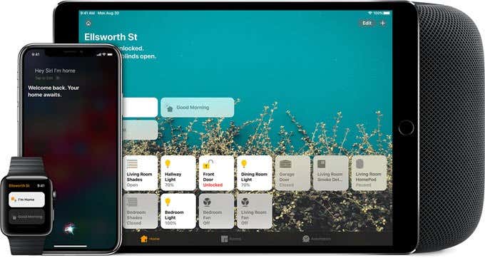 Apple Watch, iPhone y iPad con Apple Home en la pantalla