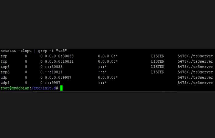 netstat -tlnpu | grep -i "ts3"