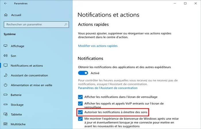 Sistema > Notificaciones y acciones