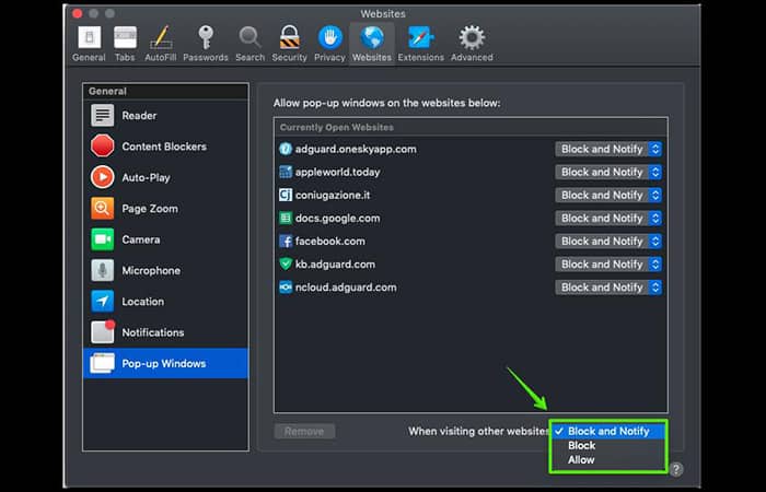 Bloquear anuncios emergentes en las preferencias de Safari