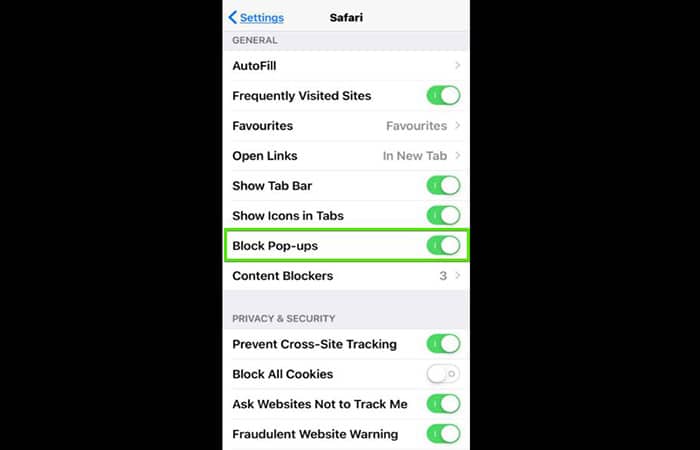 Bloquear ventanas emergentes en las preferencias de Safari