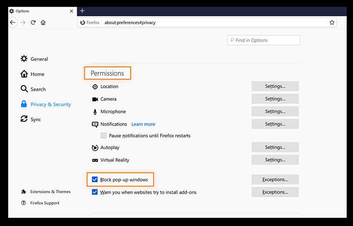 Configuración de ventanas emergentes de Firefox