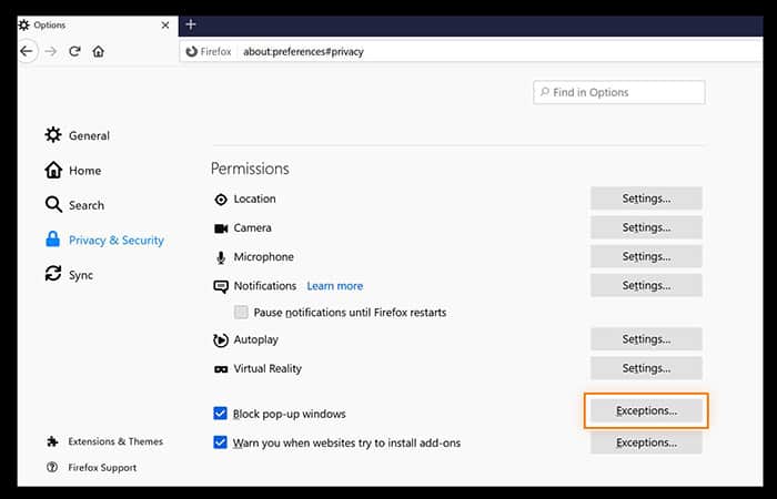 Permitir excepciones emergentes en Firefox