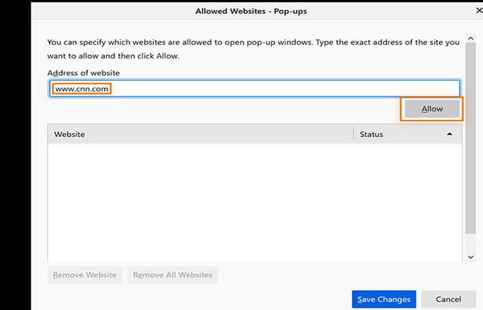 Permitir excepciones emergentes en Firefox