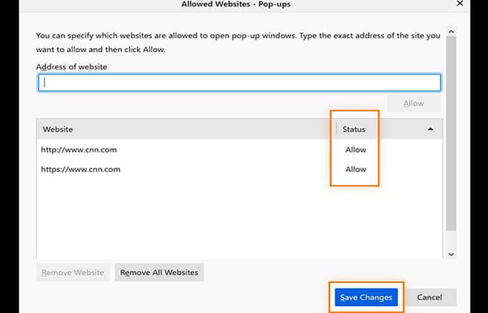 Permitir excepciones emergentes en Firefox