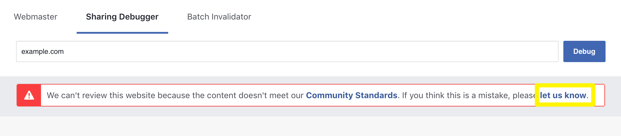 Háganos saber el enlace en el depurador de uso compartido de Facebook.