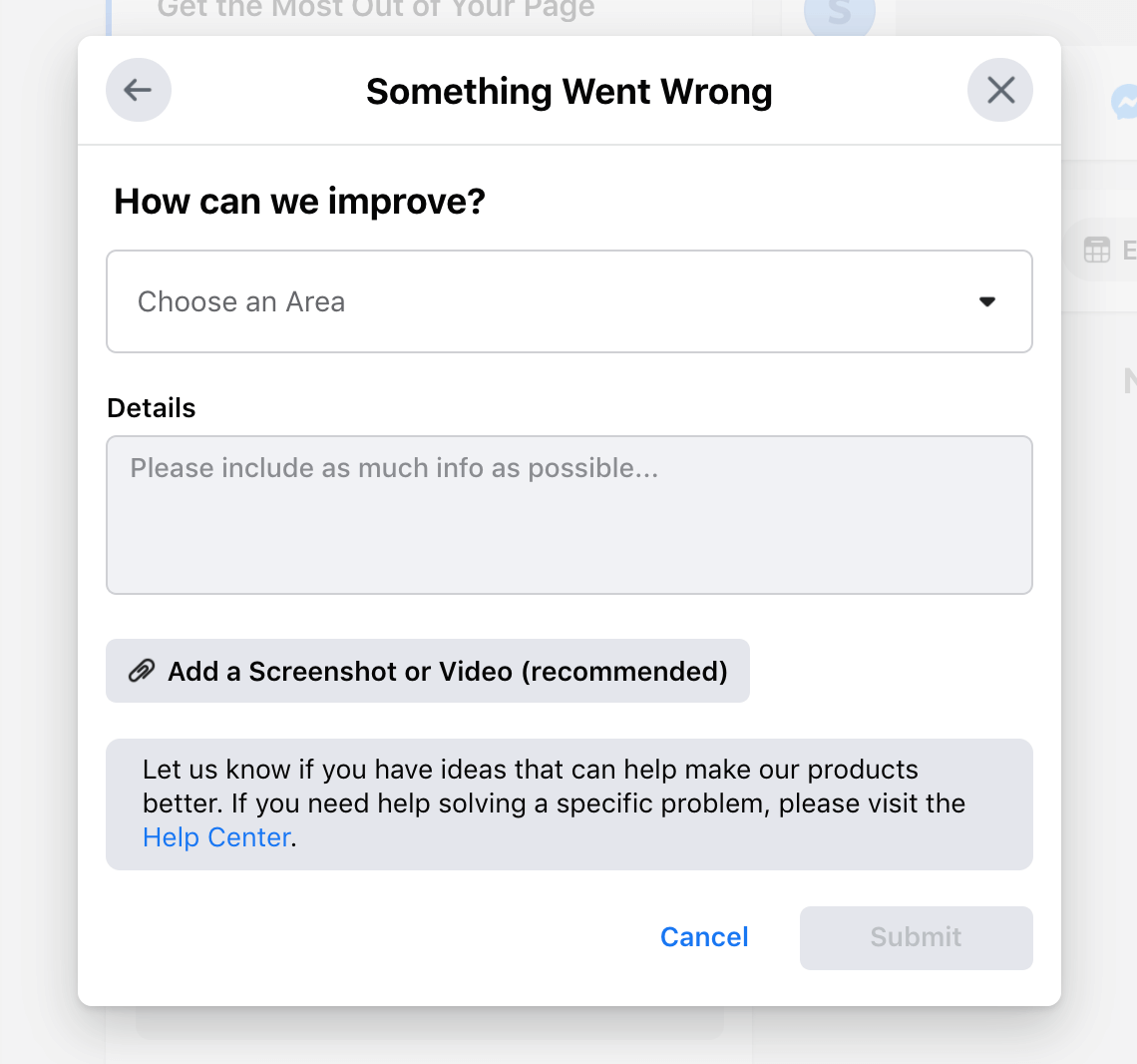 Formulario de soporte de Facebook.