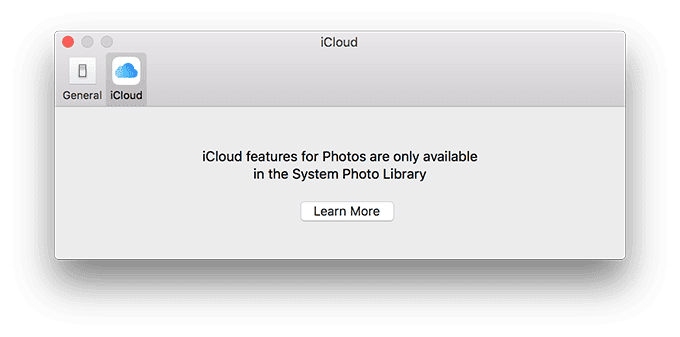 Las funciones de iCloud para fotos solo están disponibles en la biblioteca de fotos del sistema