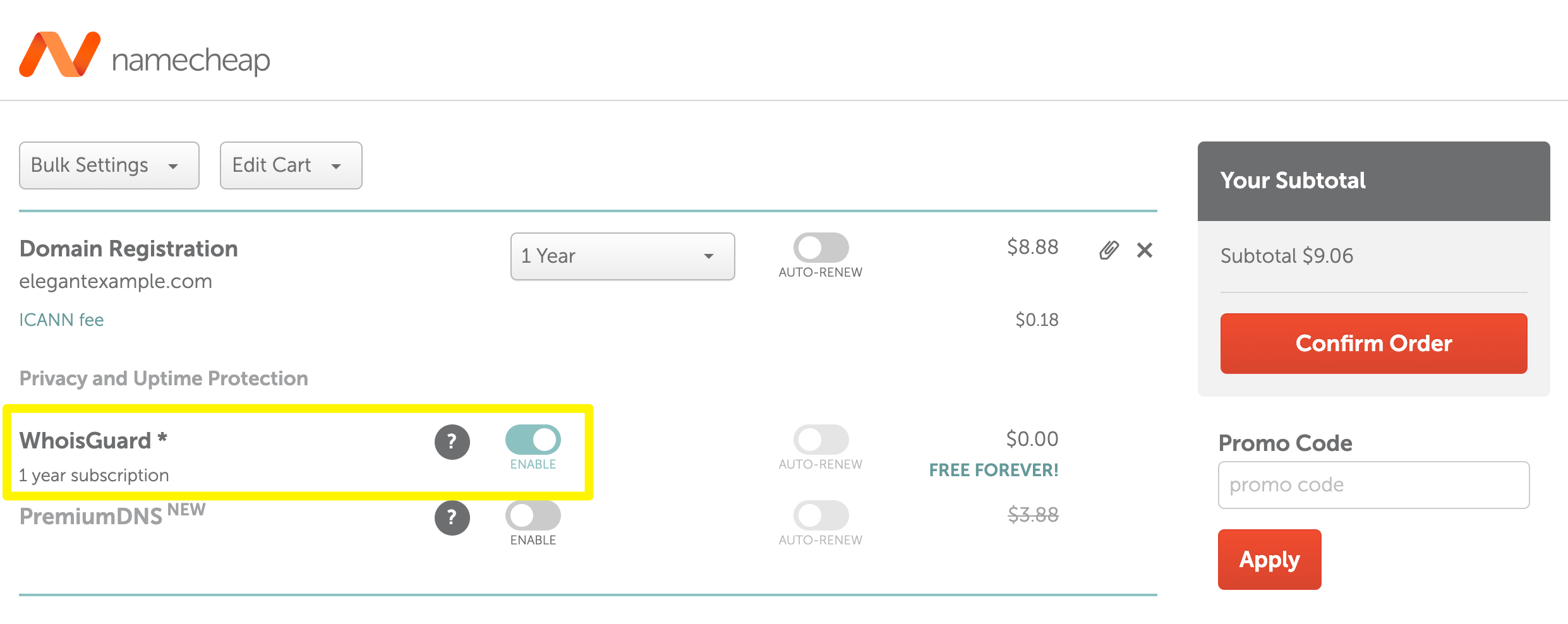 Protección de WHOIS mencionada en la página de pago de Namecheap.