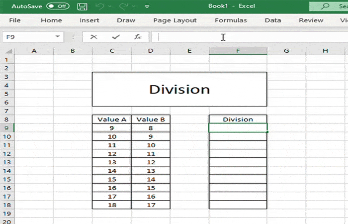 "=" y luego seleccionaremos Valor A / Valor B.