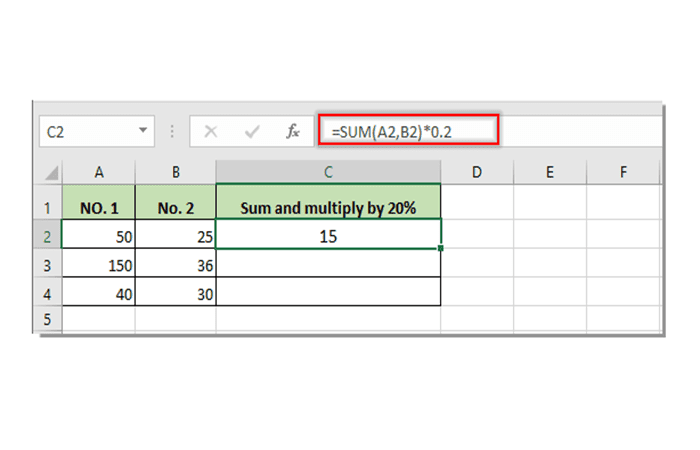 fórmula = SUMA (A2, B2) * 0.2o = (A2 + B2) * 0.2
