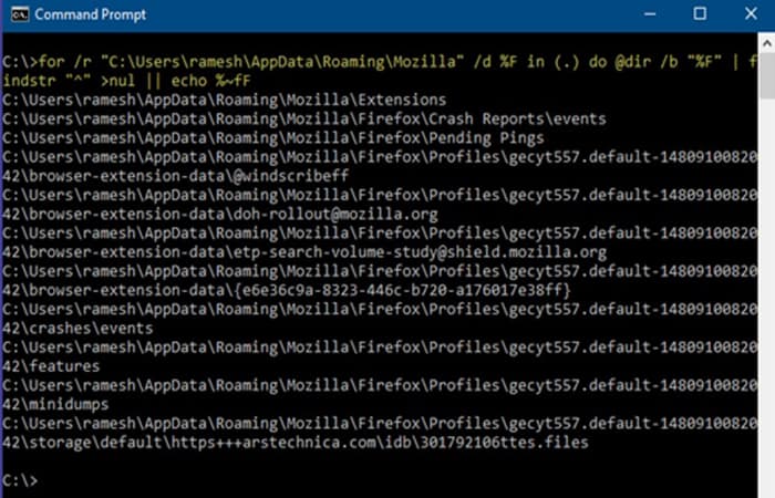 Para /r "D:uploads2019" /d %F en (.) do @dir /b "%F" | findstr "^" >nul || eco %~fF