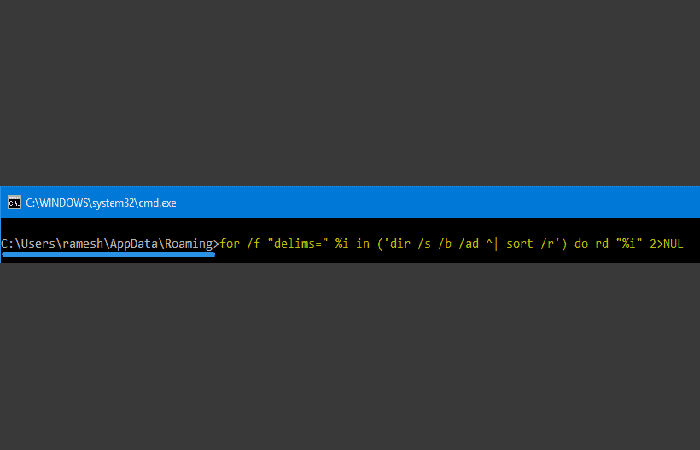 for /f "delims=" %i in ('dir /s /b /ad ^| sort /r') do rd "%i" 2>NUL (o) for /f "usebackq delims=" %i in (`"dir /s /b /ad | ordenar /r"`) hacer rd "%i" 2>NUL