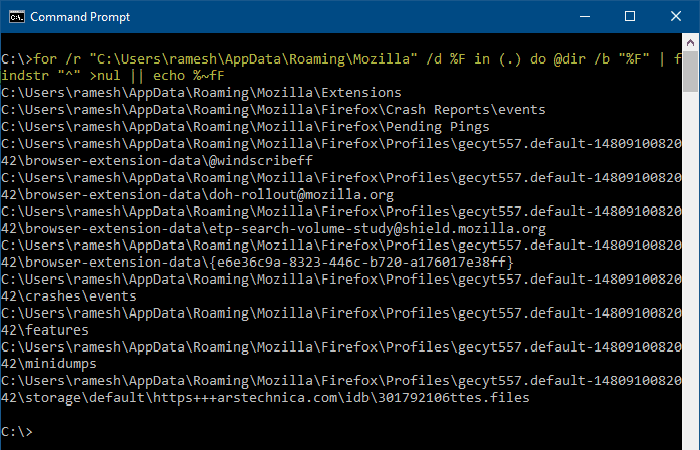 para /r "D:uploads2019" /d %F en (.) do @dir /b "%F" | findstr "^" >nul || eco %~fF