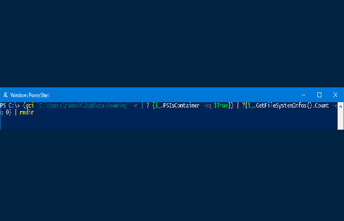 (gci "C:UsersrameshAppDataRoaming" -r | ? {$_.PSIsContainer -eq $True}) | ?{$_.GetFileSystemInfos().Count -eq 0} | remover el artículo
