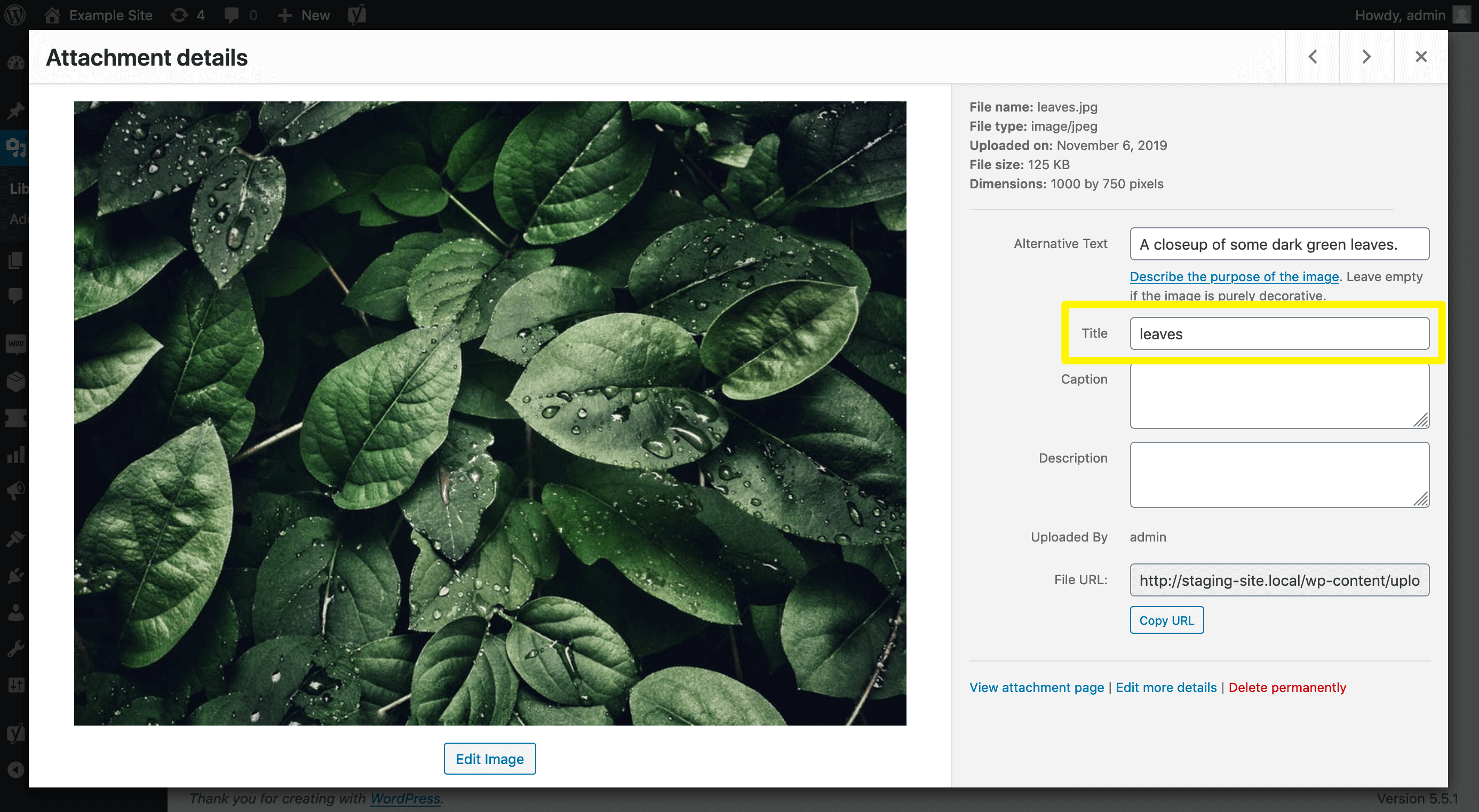 Agregue el atributo del título de la imagen en la biblioteca multimedia de WordPress.