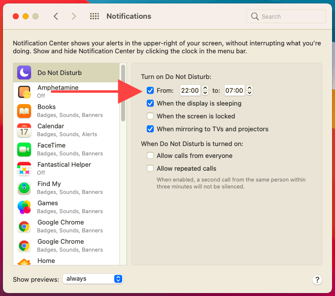 Desde la casilla de verificación en el menú No molestar
