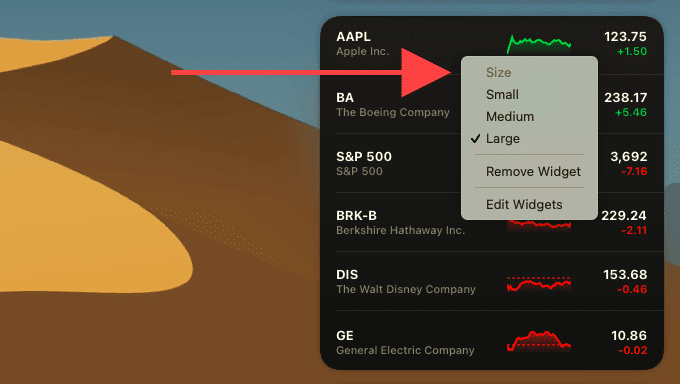 Pequeño, Mediano y Grande en el menú contextual