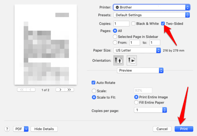 Pole wyboru dupleksu i przycisk drukowania