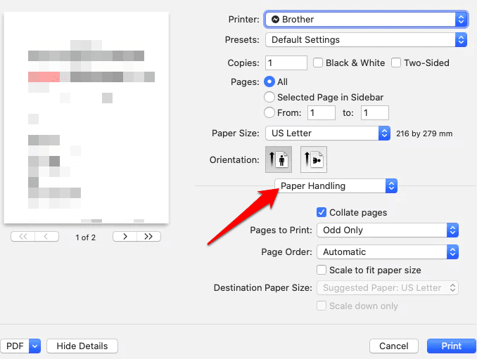 Menu rozwijane Obsługa papieru