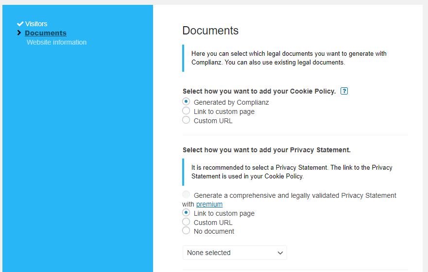 Elegir si desea generar una política de cookies o utilizar una propia.