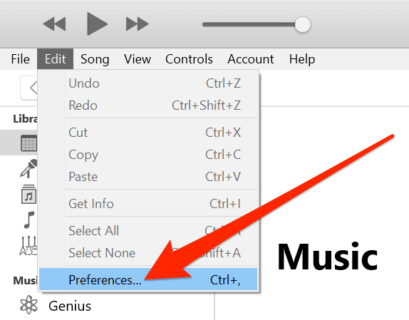 Preferencias de iTunes en el menú Editar