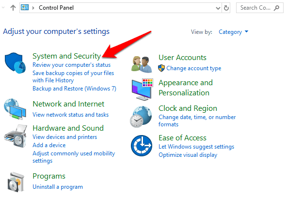 Sistema y seguridad del panel de control de Windows