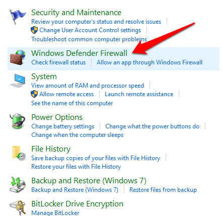 Cortafuegos de Windows Defender seleccionado