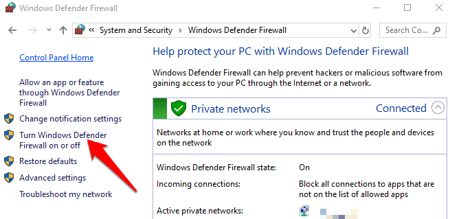 Activar o desactivar la configuración del Firewall de Windows Defender