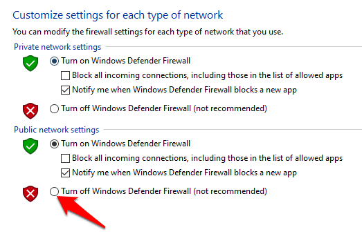 Haga un círculo junto a Desactivar Firewall de Windows Defender