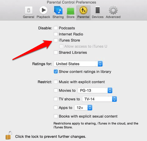 Preferencias de control parental Deshabilitar la casilla de iTunes Store