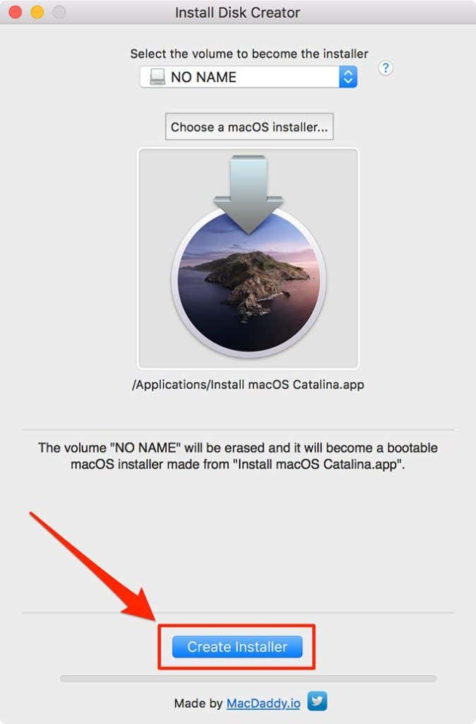 Botón Crear instalador en la parte inferior de Install Disk Creator