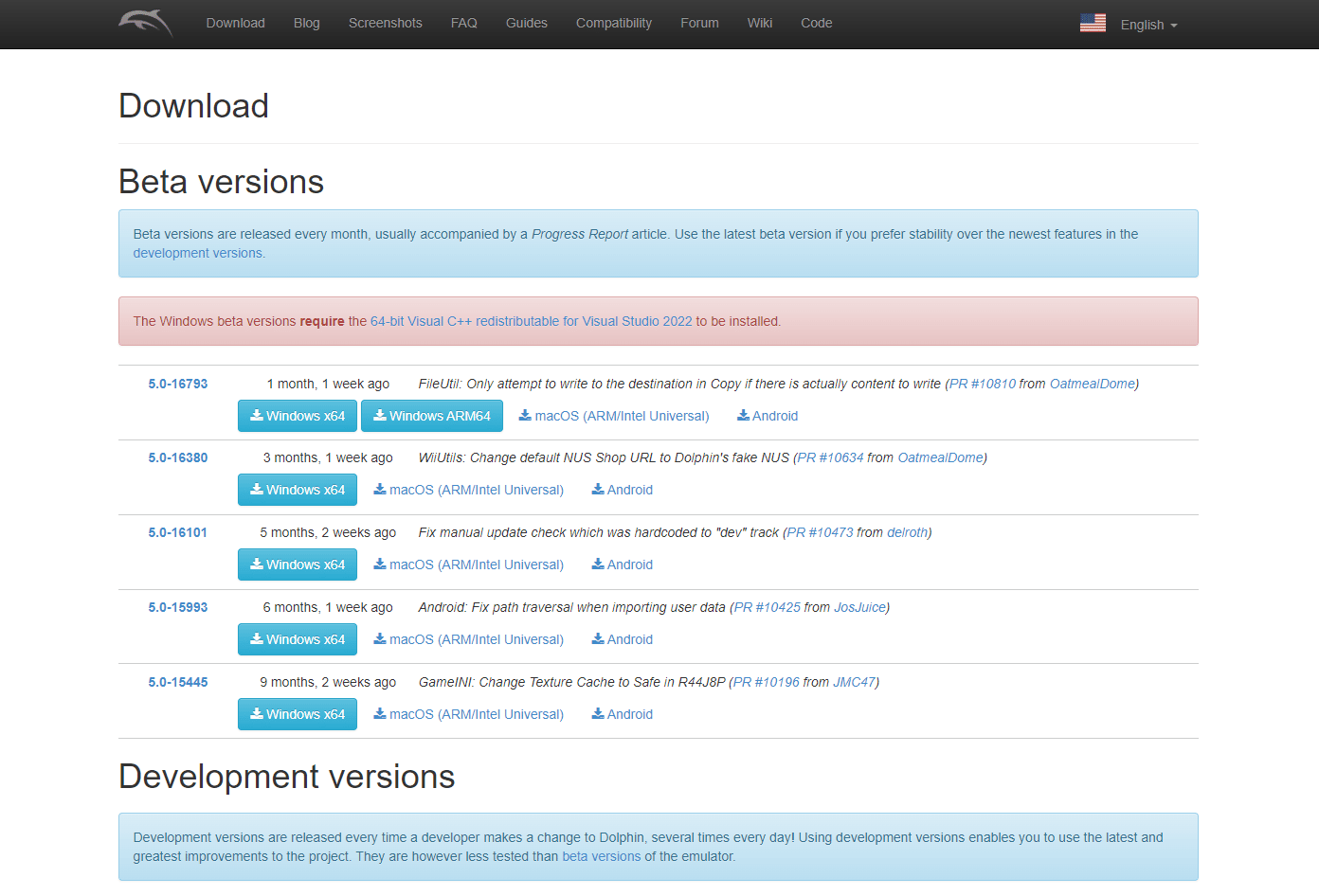 página de descarga del emulador de delfines