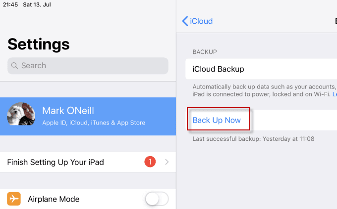 Botón Hacer copia de seguridad ahora indicado en la configuración de iCloud
