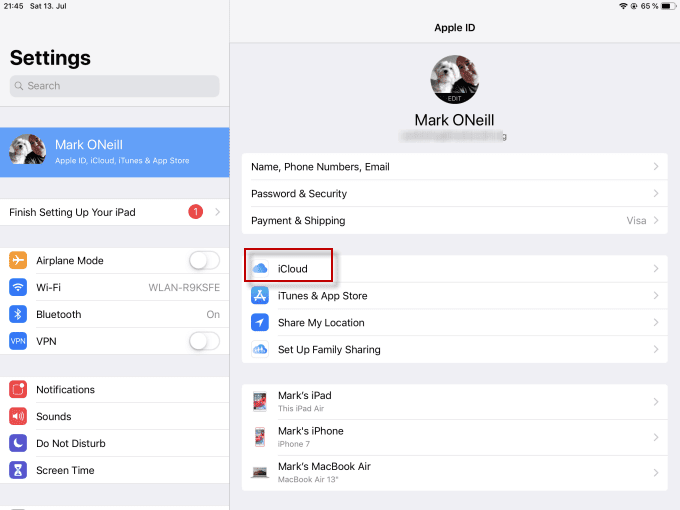 Ventana de configuración con iCloud indicado