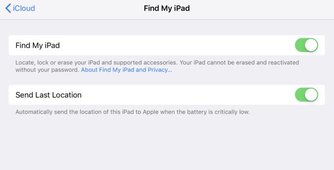 Ventana de configuración de Buscar mi iPad con todo encendido
