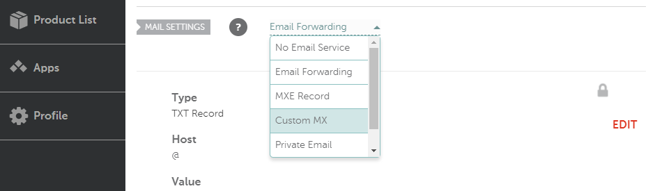 Configuración de un registro MX personalizado.