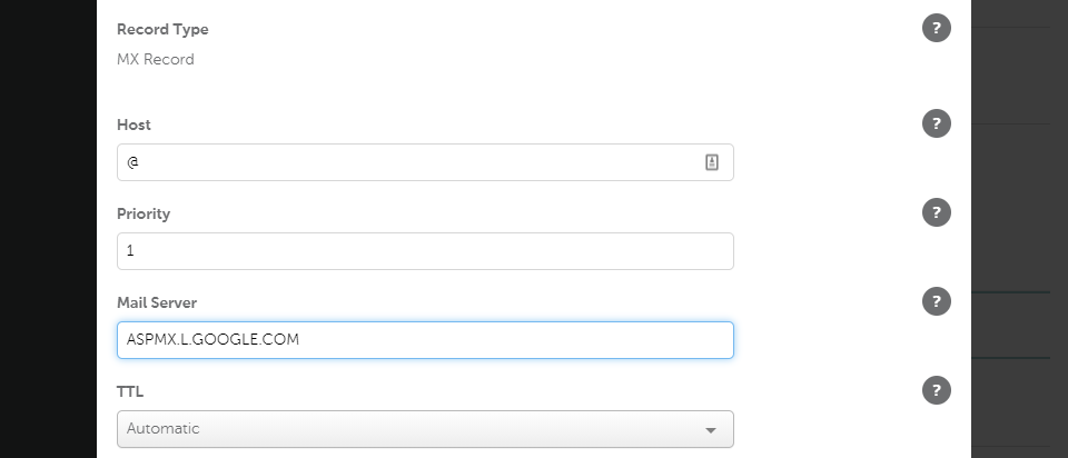 Estoy agregando la configuración de registro de G Suite MX.