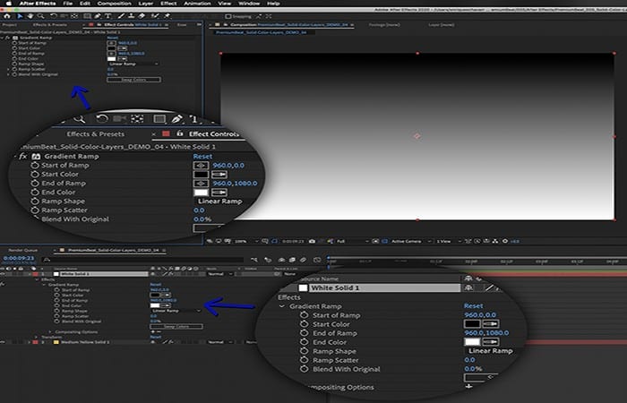 Puede ajustar la configuración de los efectos en el Panel de control de efectos o en la Línea de tiempo.