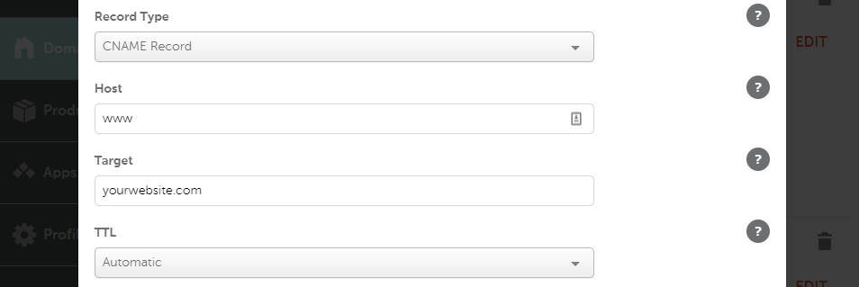 Configuración de un nuevo registro CNAME.