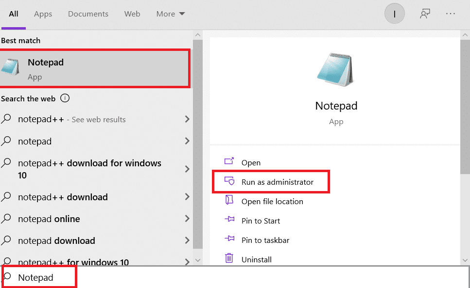 Bloc de notas en la barra de búsqueda de Windows.  Arreglar Minecraft no pudo autenticar su conexión