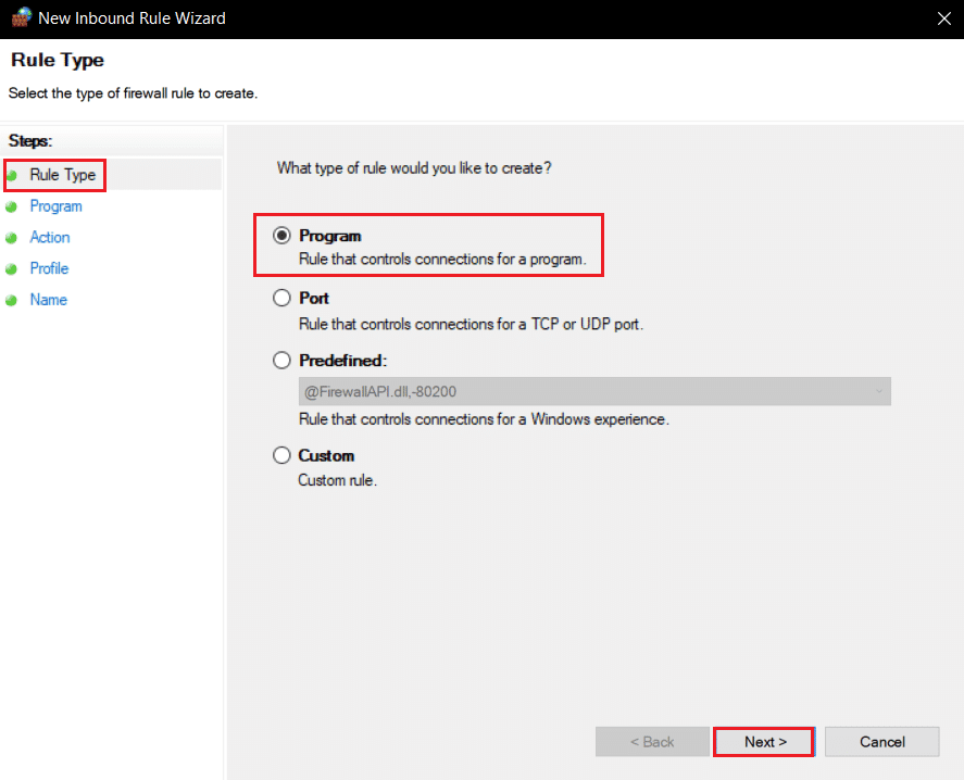 seleccione la opción Programa y haga clic en Siguiente en el asistente Nueva regla de entrada.  Arreglar Minecraft no pudo autenticar su conexión en Windows 10