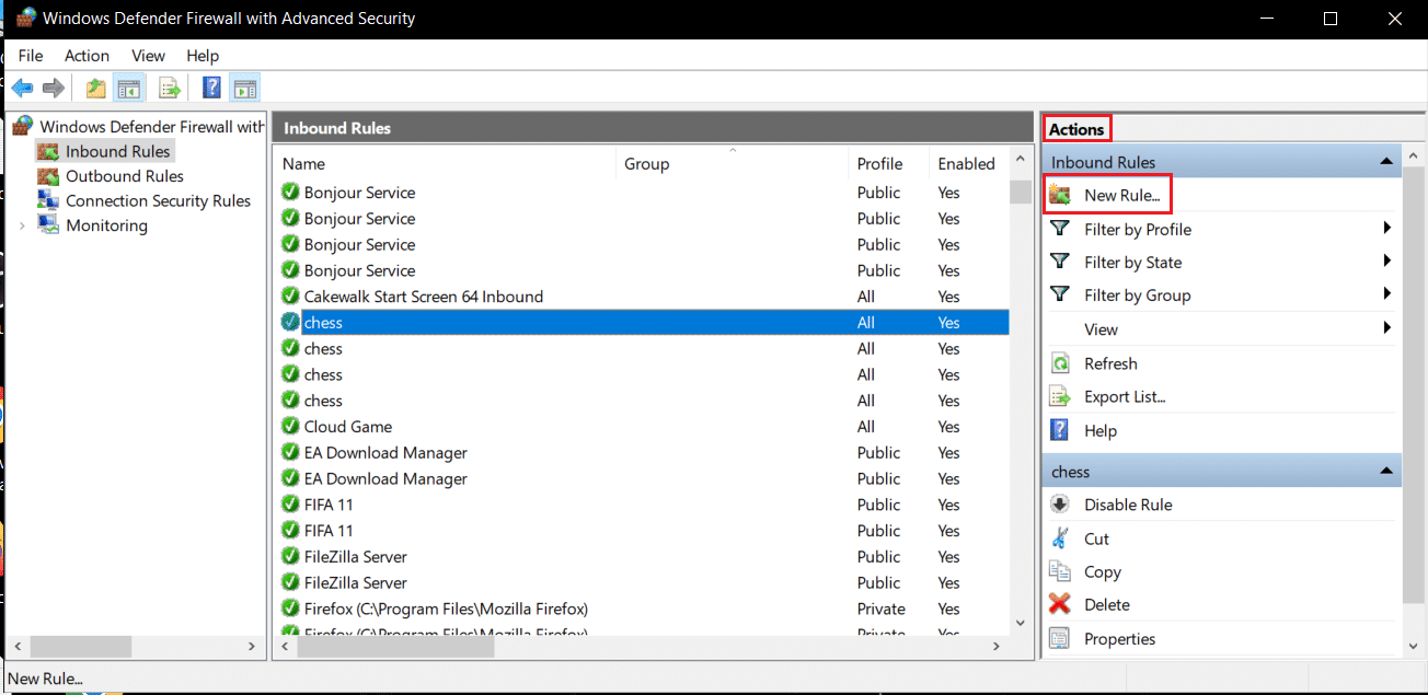 en el menú de acciones, haga clic en Nueva regla en Windows Defender Firewall con configuración avanzada