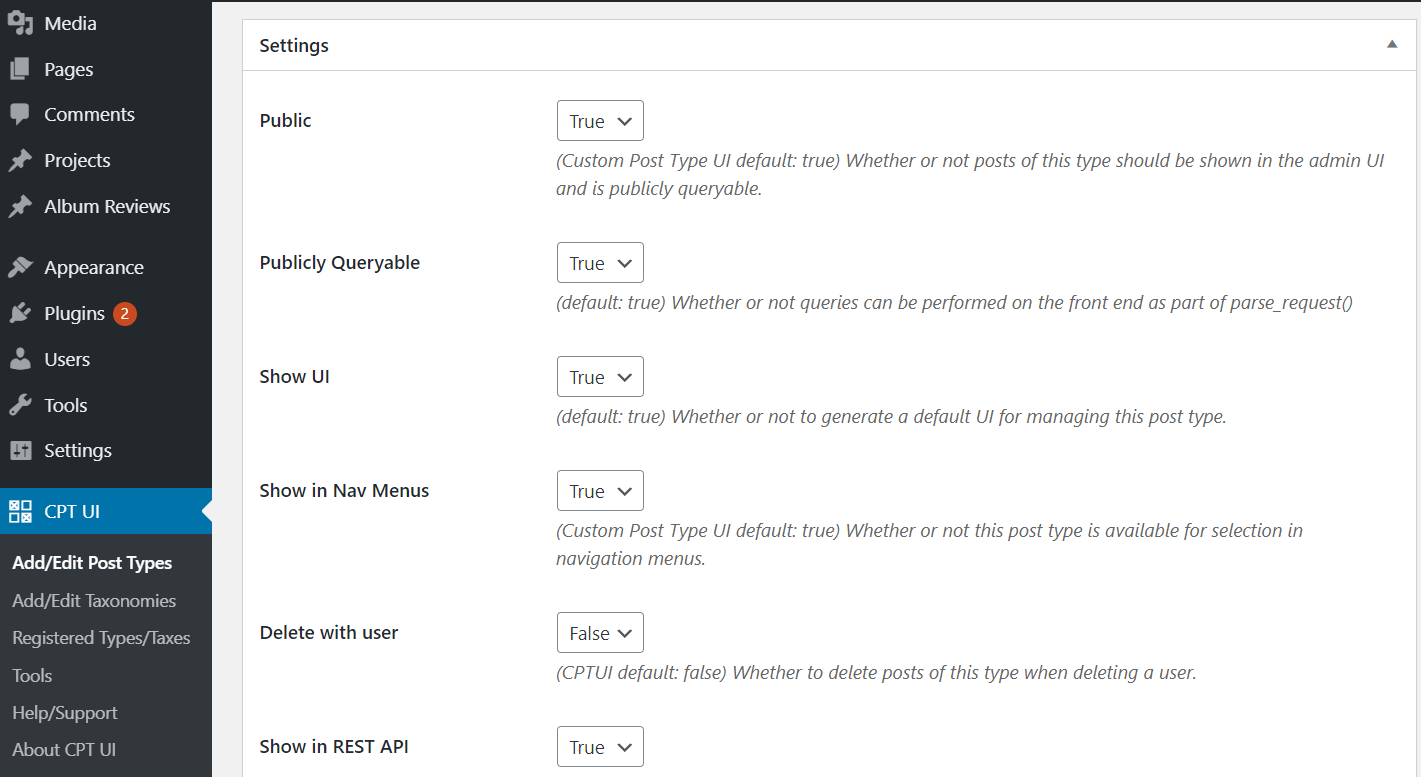 Configuración de tipo de publicación personalizada en la interfaz de usuario de tipo de publicación personalizada.
